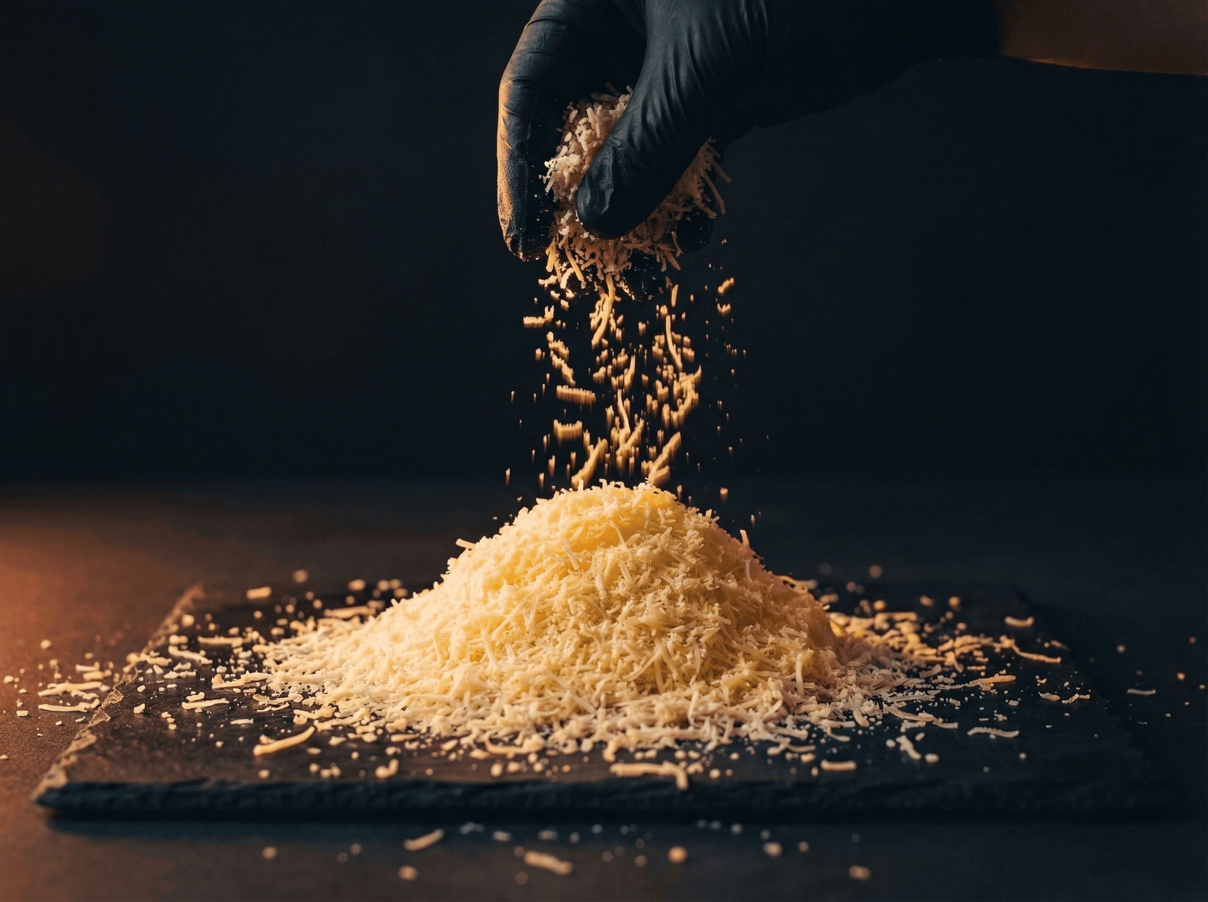 Main gantee noire saupoudrant du parmesan rape hyperproteine dore sur ardoise, Myfitcheese Perpignan
