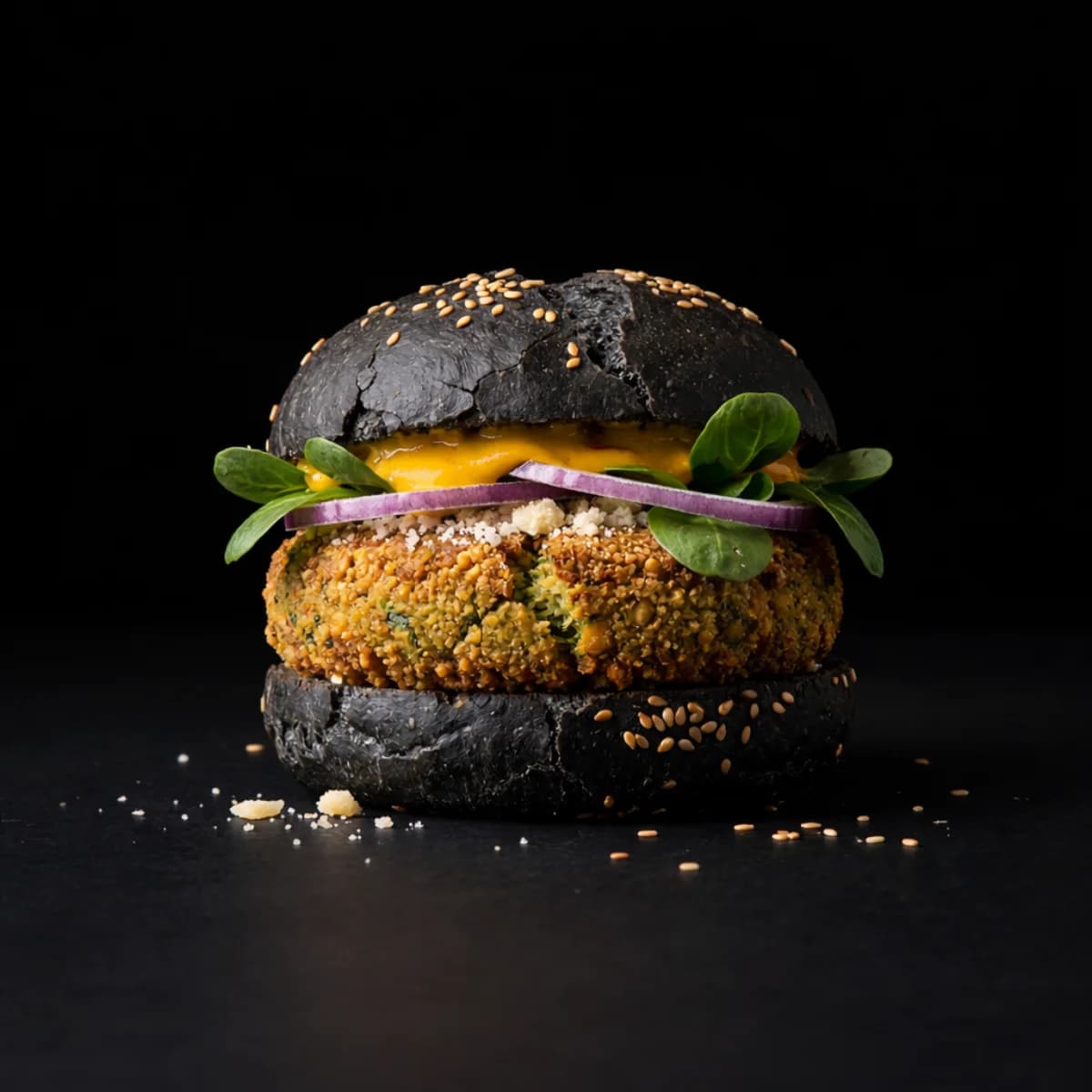 Burger végétarien falafel StrictFood au pain noir sésame, fond noir, food photography premium