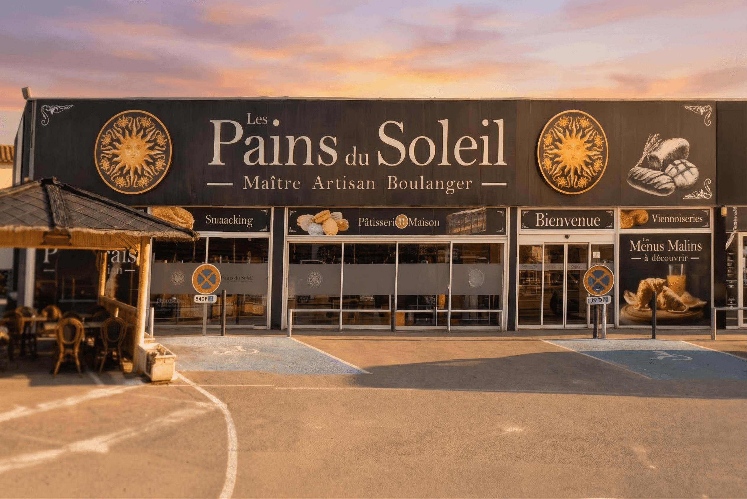 Facade boulangerie Les Pains du Soleil au coucher du soleil, Maitre Artisan Boulanger, Cabestany